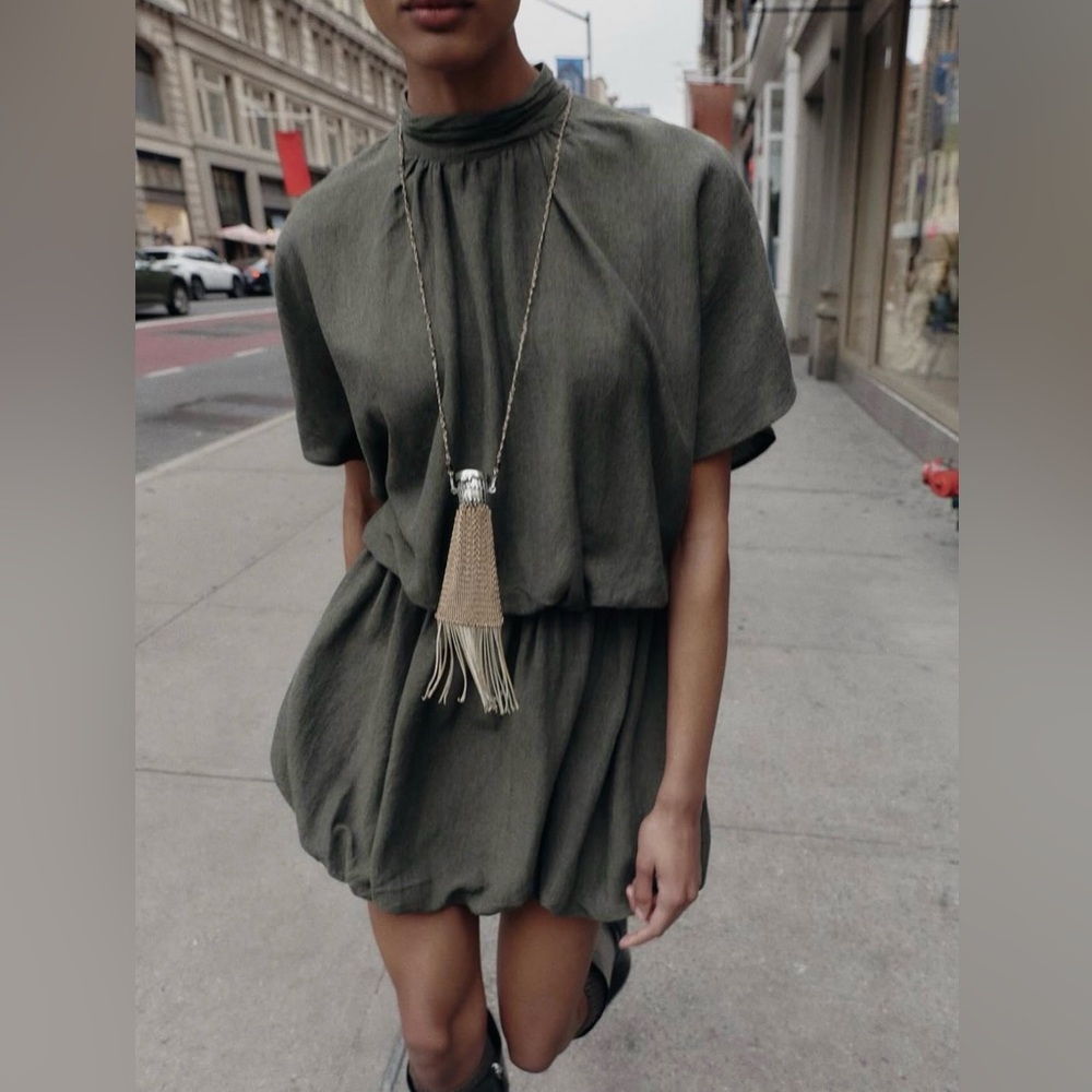 Zara Short Khaki Balloon Mini Dress | M NWT